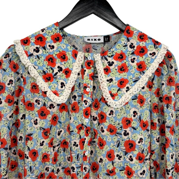 Rixo Misha Floral Print Cotton Blouse Blue Multicolor Peter Pan Collar Small - Picture 6 of 12